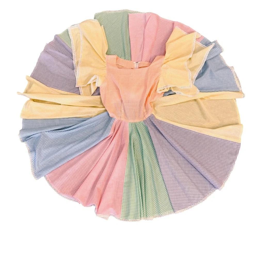 Vintage 70s Colorful Square Dance Full Circle Rockabilly Angel Sleeve Dress M - Picture 2 of 8